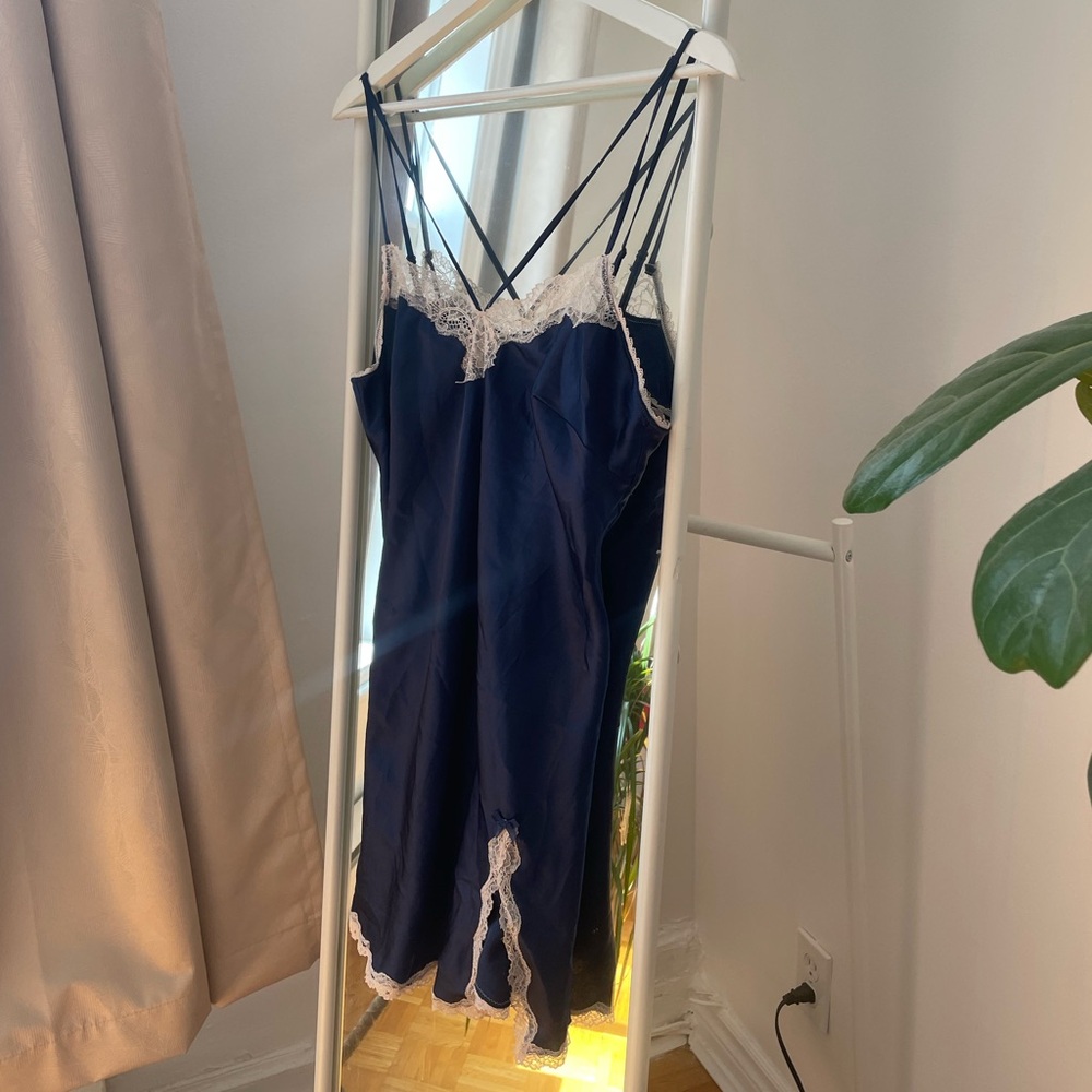 SOLD Vintage Victoria’s Secret navy slip dress with white lace detailing!
